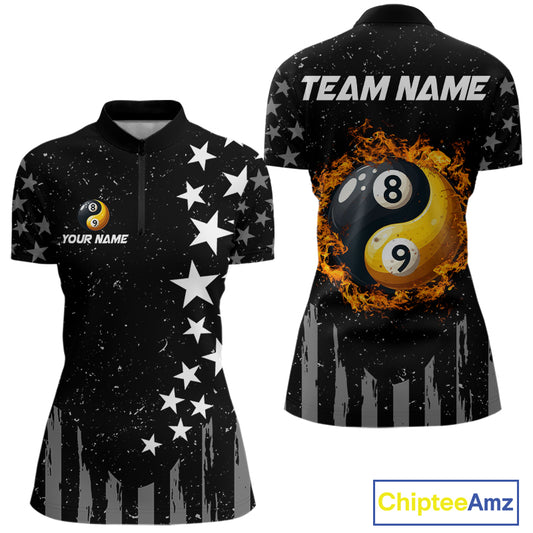 Black US Flag Ying And Yang 8 Ball & 9 Ball Custom Billiard Shirts For Women Funny Billiard Jerseys TDM4083