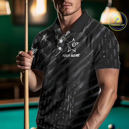 Black US Flag 8 Ball Billiard Shirts For Men Custom Patriotic Billiard Team Shirts, Pool Jerseys TDM4084