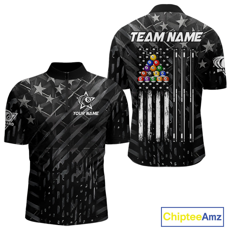 Black US Flag 8 Ball Billiard Shirts For Men Custom Patriotic Billiard Team Shirts, Pool Jerseys TDM4084