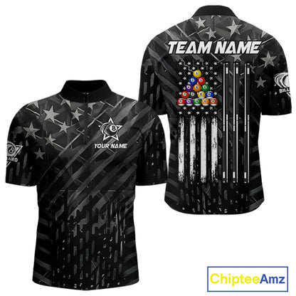 Black US Flag 8 Ball Billiard Shirts For Men Custom Patriotic Billiard Team Shirts, Pool Jerseys TDM4084