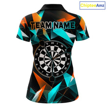 Load image into Gallery viewer, Orange and turquoise darts polo shirt with geometric design and dartboard, customizable name and team name