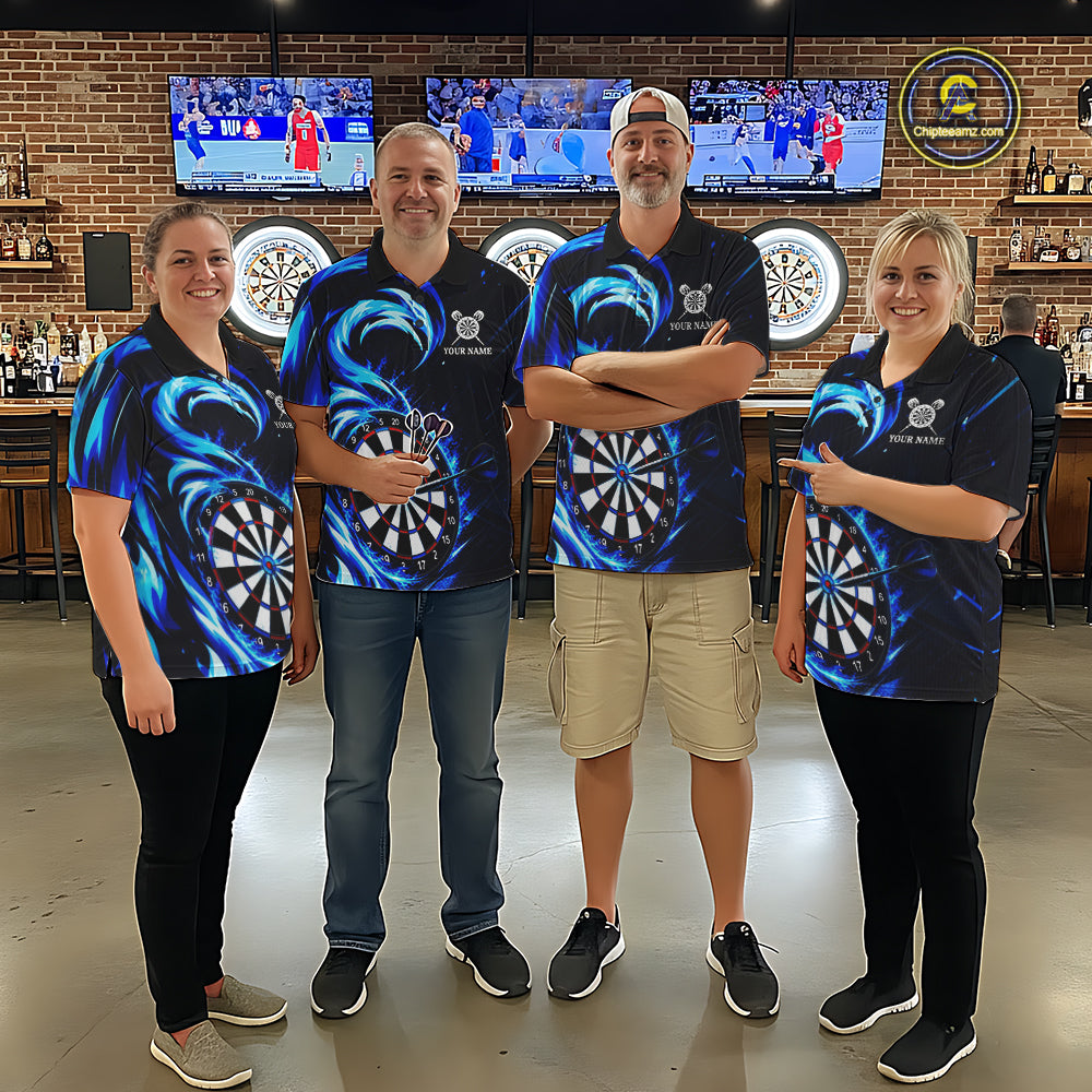 Black And Blue Flame Darts Shirt For Men, Custom Darts League Team Jersey Polo & Quarter Zip TDM6631