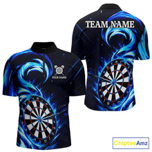 Load image into Gallery viewer, Black and blue flaming darts quarter zip shirt for men with custom player name and team name.