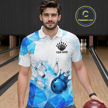 Load image into Gallery viewer, Man wearing a bowling shirt with a geometric design in a bowling alley, featuring customizable player name and team name.