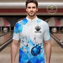 Load image into Gallery viewer, Man wearing a bowling shirt with a geometric design in a bowling alley, featuring customizable player name and team name.