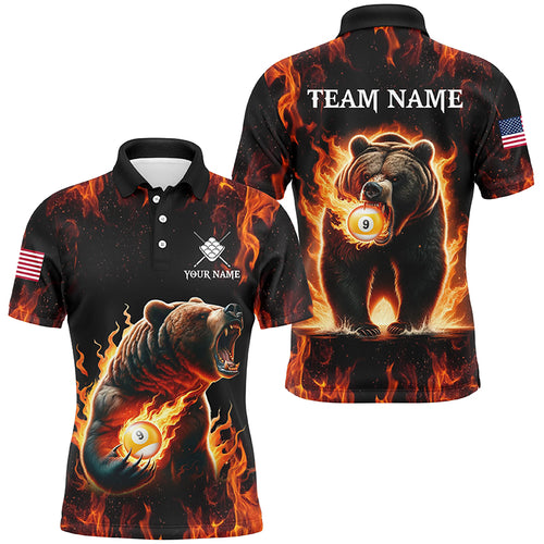 Custom Funny Bear & 9 Ball Pool Fire Flame Men Polo & Quarter-Zip Shirts, Unique Billiard Attire TDM1921