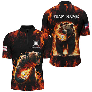 Custom Funny Bear & 9 Ball Pool Fire Flame Men Polo & Quarter-Zip Shirts, Unique Billiard Attire TDM1921