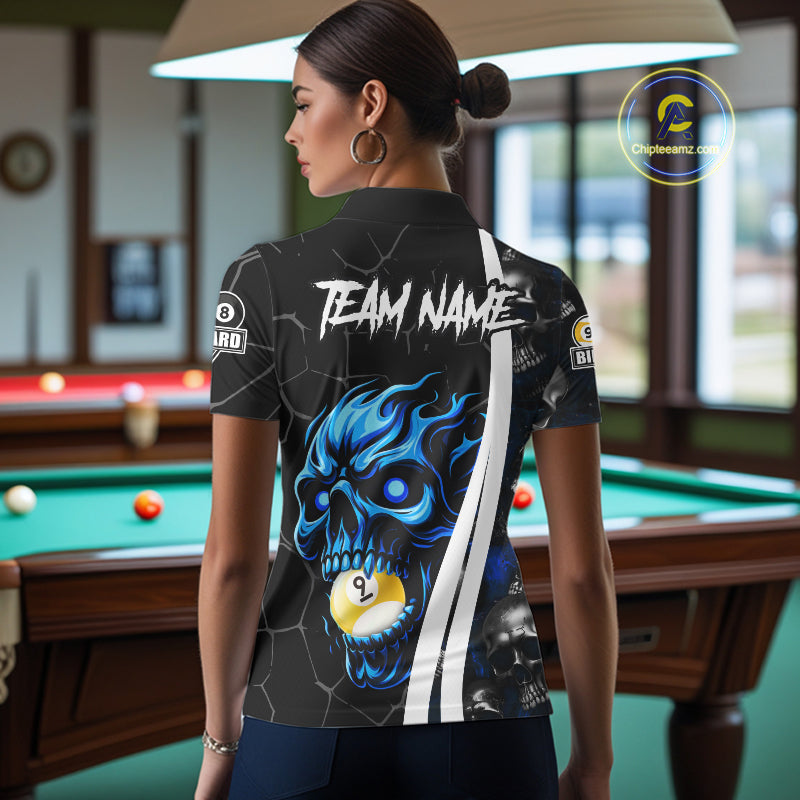 Back view of woman wearing a blue skull 8 ball and 9 ball pool jersey.