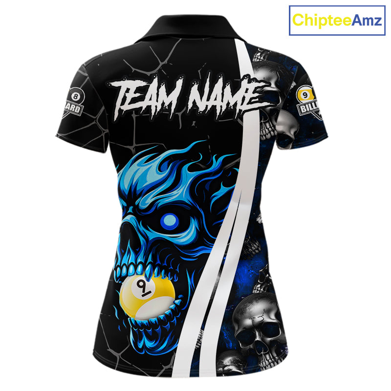 Blue skull 8 ball and 9 ball pool team polo shirt for women with skull billiard graphics.