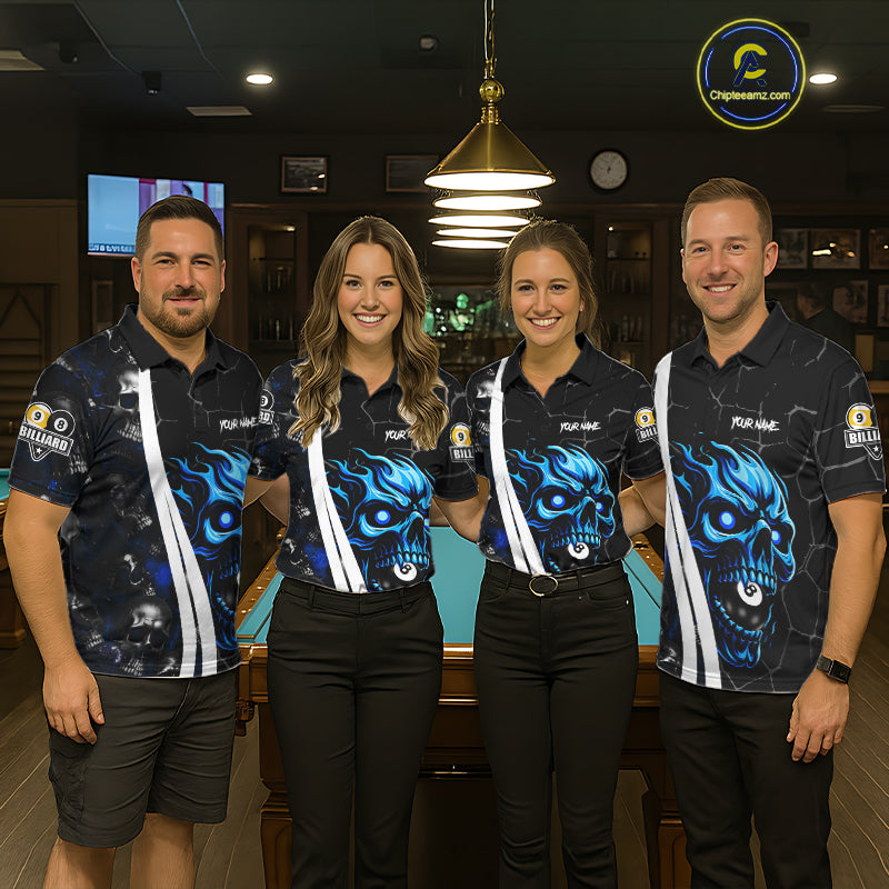 Pool team wearing matching blue skull 8 ball and 9 ball billiard jerseys front view.
