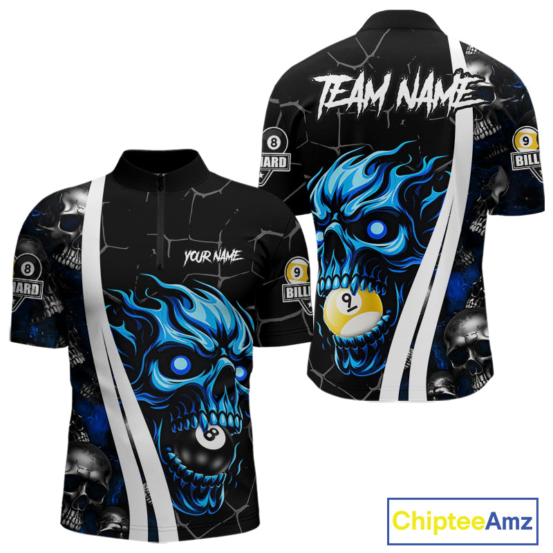 Blue skull 8 ball and 9 ball quarter zip billiard shirt for men, custom pool team jersey.