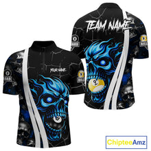 Load image into Gallery viewer, Blue skull 8 ball and 9 ball quarter zip billiard shirt for men, custom pool team jersey.