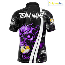 Load image into Gallery viewer, Purple skull 8 ball and 9 ball pool team polo shirt for men with skull billiard graphics.