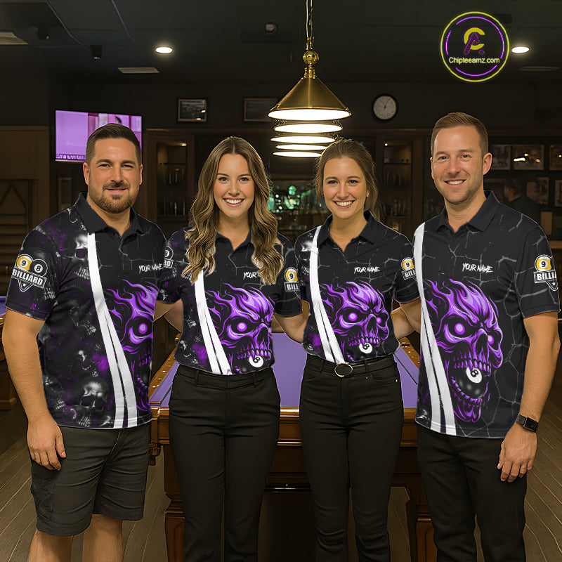 Pool team wearing matching purple skull 8 ball and 9 ball billiard jerseys front view.