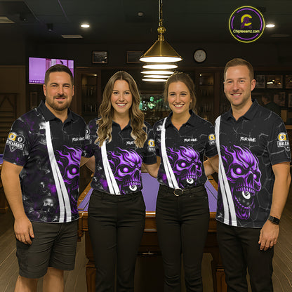 Pool team wearing matching purple skull 8 ball and 9 ball billiard jerseys front view.