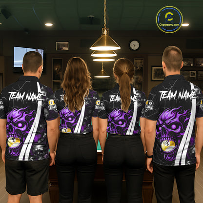 Back view of pool team wearing matching purple skull 8 ball and 9 ball billiard shirts.