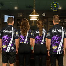 Load image into Gallery viewer, Back view of pool team wearing matching purple skull 8 ball and 9 ball billiard shirts.