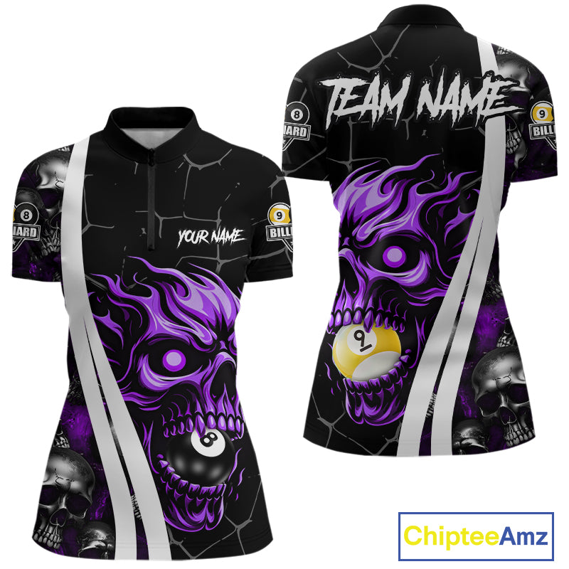 Purple skull 8 ball and 9 ball quarter zip billiard shirt for women, custom pool team jersey.