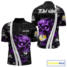 Load image into Gallery viewer, Purple skull 8 ball and 9 ball quarter zip billiard shirt for men, custom pool team jersey.