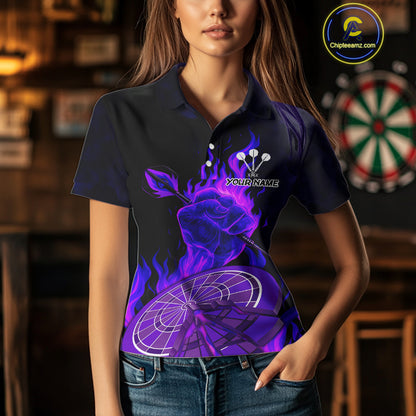 Flame Darts & Crack Dartboard 3D Custom Purple Dart Polo Shirts For Women, Dart Jerseys NYN0810
