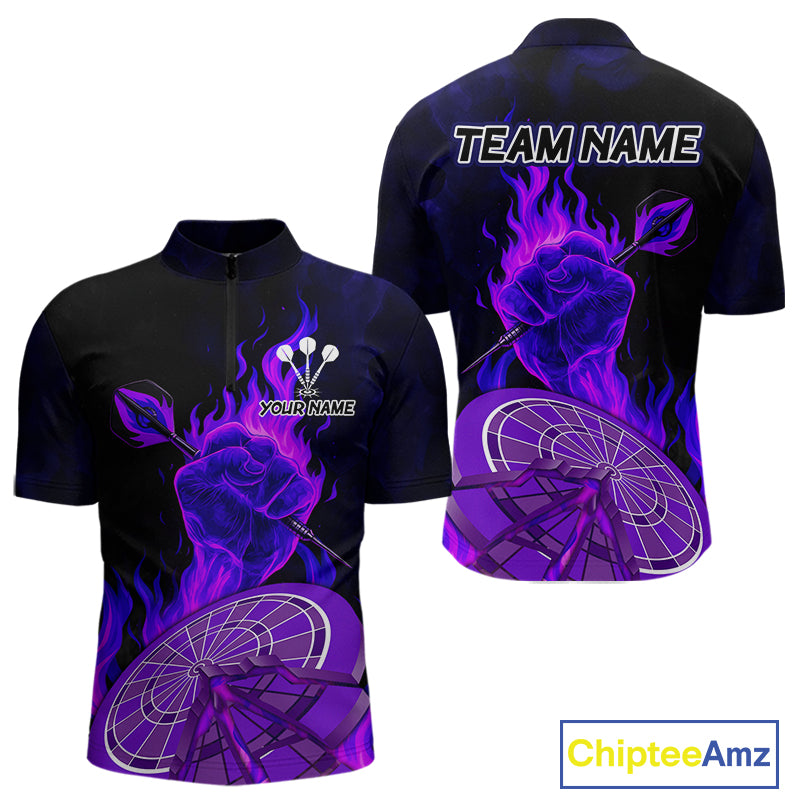 Flame Darts & Crack Dartboard 3D Custom Purple Dart 1/4-Zip Shirts For Men, Dart Jerseys NYN0810