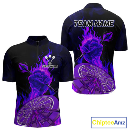 Flame Darts & Crack Dartboard 3D Custom Purple Dart 1/4-Zip Shirts For Men, Dart Jerseys NYN0810