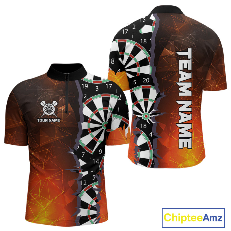 Personalized Fiery Orange Dartboard Crack Darts Shirt For Men, Funny Darts Jersey Polo & 1/4 Zip TDM4449