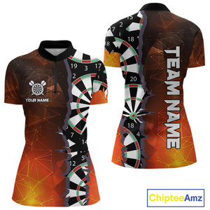 Personalized Fiery Orange Dartboard Crack Darts Shirt For Women, Funny Darts Jersey Polo & 1/4 Zip TDM4449