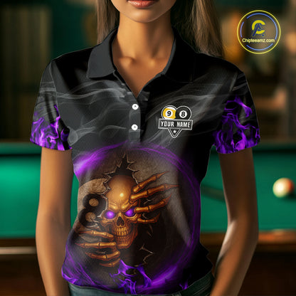 Funny Skull Billiard 8 Ball & 9 Ball Pool Shirt For Women Custom Purple Flame Billiard Team Jerseys TDM4452