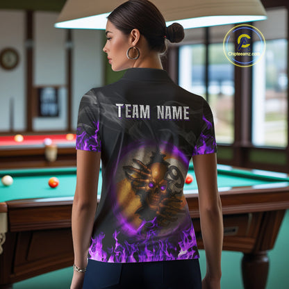 Funny Skull Billiard 8 Ball & 9 Ball Pool Shirt For Women Custom Purple Flame Billiard Team Jerseys TDM4452