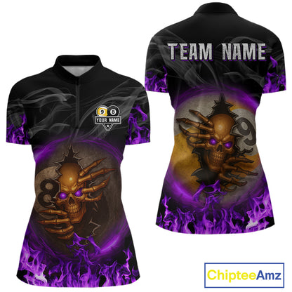 Funny Skull Billiard 8 Ball & 9 Ball Pool Shirt For Women Custom Purple Flame Billiard Team Jerseys TDM4452
