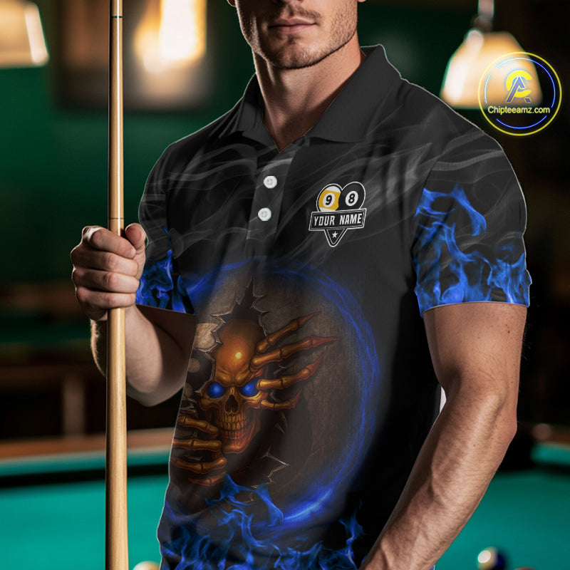 Funny Skull Billiard 8 Ball & 9 Ball Pool Shirt For Men Custom Blue Flaming Billiard Team Jerseys TDM4453