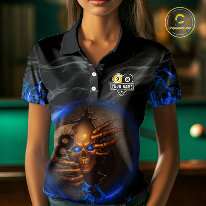 Funny Skull Billiard 8 Ball & 9 Ball Pool Shirt For Women Custom Blue Flaming Billiard Team Jerseys TDM4453