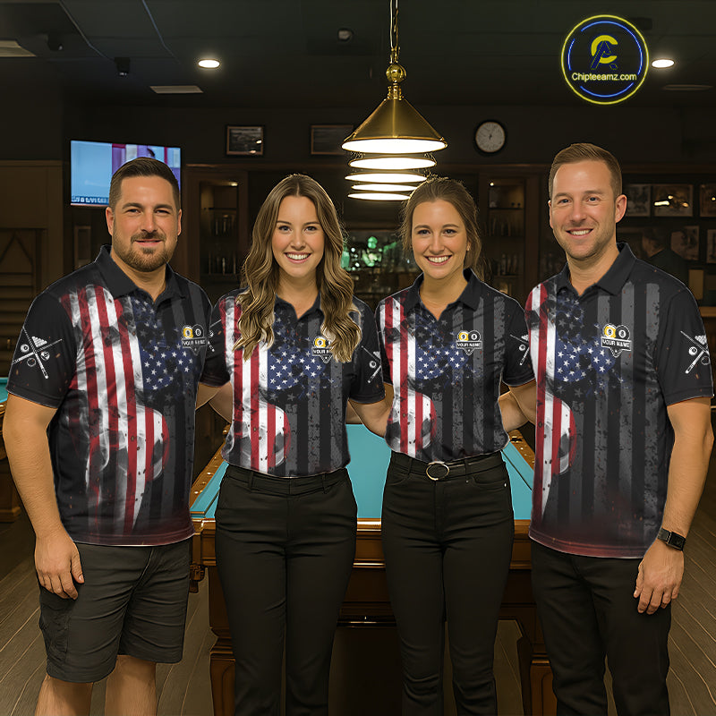Pool Team Wearing Personalized Smoke US Flag Billiard Jerseys During League Competition and Tournament Matches, Front View