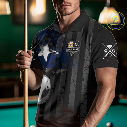 Man Wearing Personalized Vintage Smoke Texas Flag 8 Ball 9 Ball Billiard Polo Shirt with Athletic Performance Fit and Patriotic Graphic Artwork, Front View