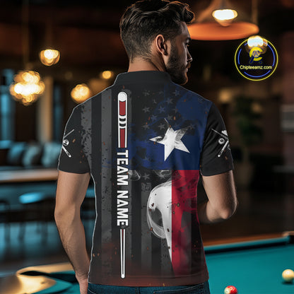 Man Wearing Personalized Vintage Smoke Texas Flag Custom Pool Team Jersey Featuring the Complete Rear Graphic Design, Back View