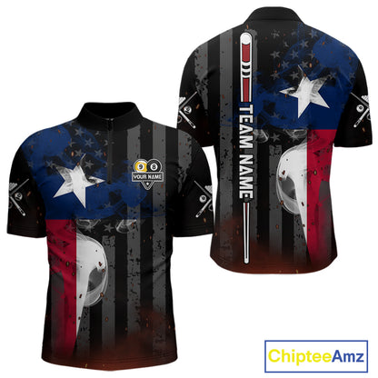 Personalized Vintage Smoke Texas Flag 8 Ball 9 Ball Quarter Zip Billiard Shirt for Men Created for Competitive Pool League Teams with Performance Fabric and Tournament Ready Design