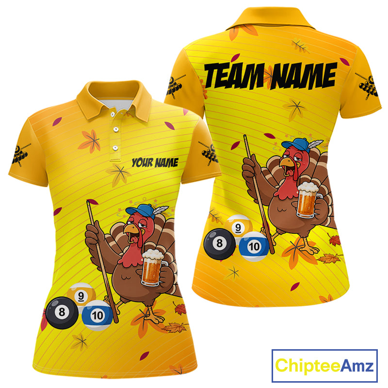 Personalized Yellow Funny Turkey Billiard Jerseys For Women Custom Thanksgiving Pool Team Shirts TDM7393
