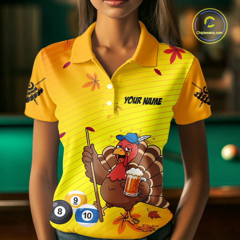 Personalized Yellow Funny Turkey Billiard Jerseys For Women Custom Thanksgiving Pool Team Shirts TDM7393