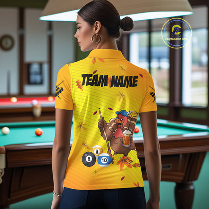 Personalized Yellow Funny Turkey Billiard Jerseys For Women Custom Thanksgiving Pool Team Shirts TDM7393
