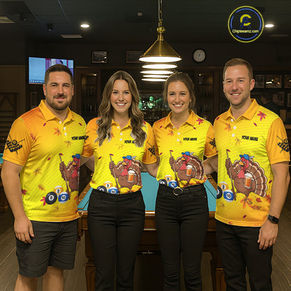 Personalized Yellow Funny Turkey Billiard Jerseys For Men Custom Thanksgiving Pool Team Shirts TDM7393