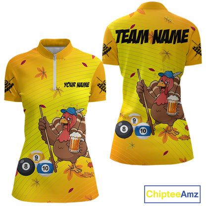 Personalized Yellow Funny Turkey Billiard Jerseys For Women Custom Thanksgiving Pool Team Shirts TDM7393