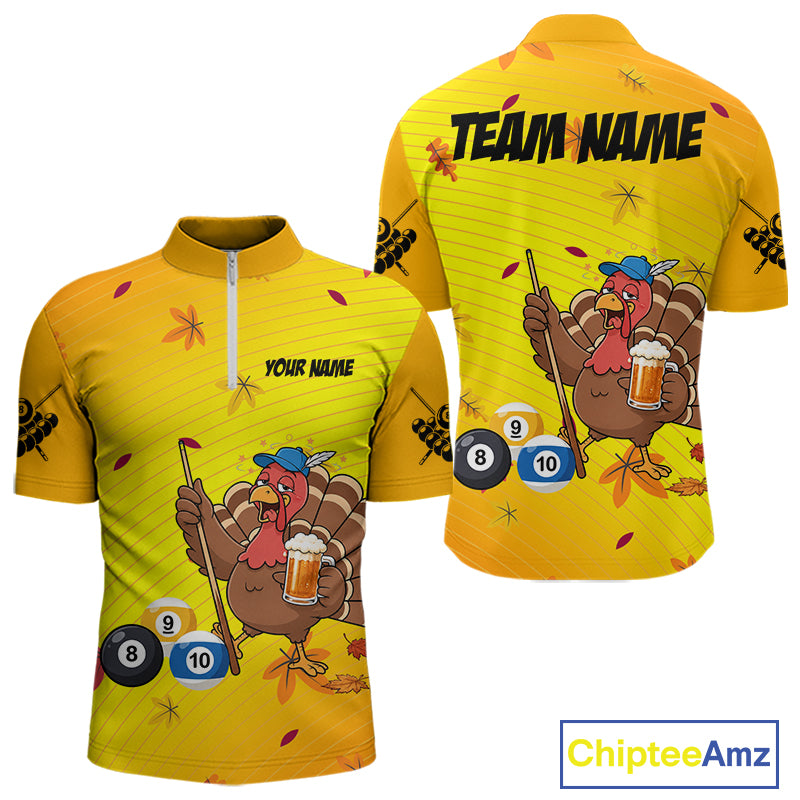 Personalized Yellow Funny Turkey Billiard Jerseys For Men Custom Thanksgiving Pool Team Shirts TDM7393