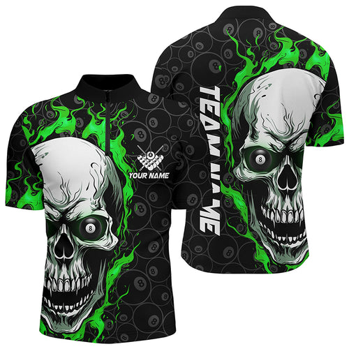 Personalized Skull Flame Billiard Shirts For Men Custom Team Name Billiard Jerseys | Green TDM0245