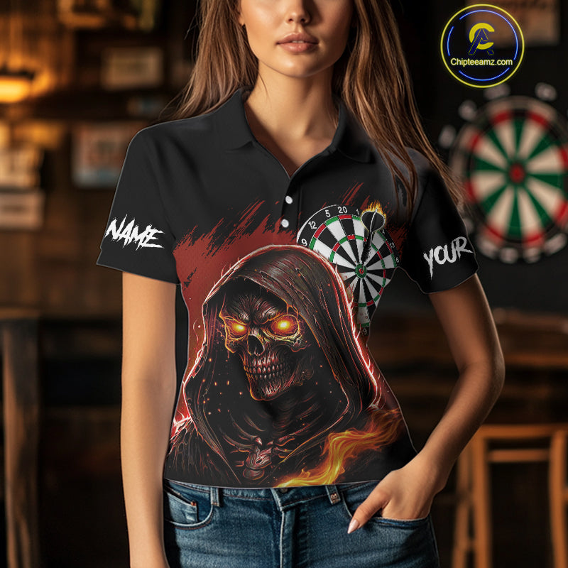 Personalized Red Grim Reaper Fire Dart Shirts For Women Custom Skull Dart Jersey Polo & 1/4 Zip TDM4891