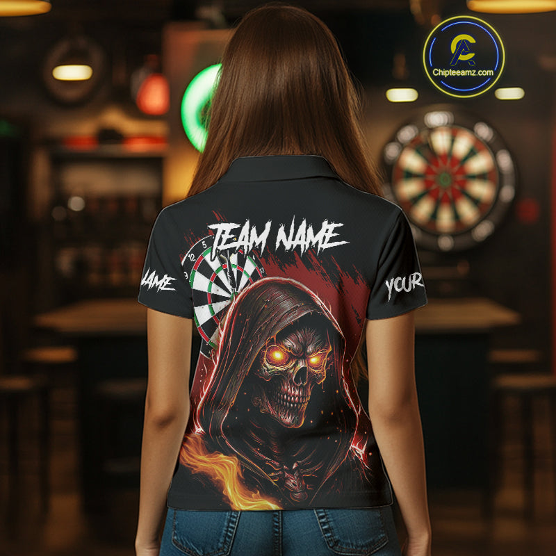 Personalized Red Grim Reaper Fire Dart Shirts For Women Custom Skull Dart Jersey Polo & 1/4 Zip TDM4891