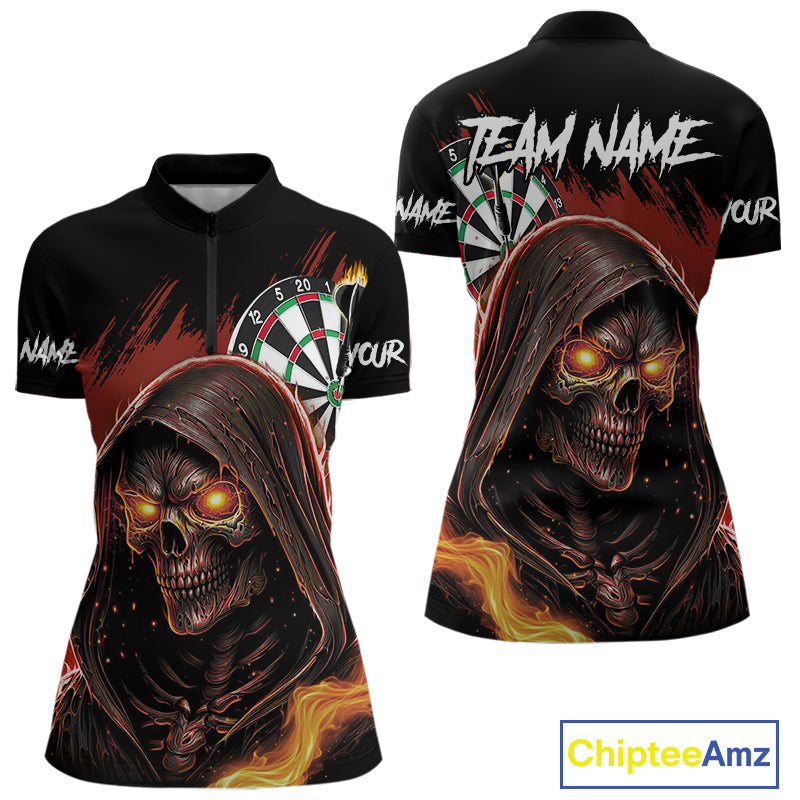 Personalized Red Grim Reaper Fire Dart Shirts For Women Custom Skull Dart Jersey Polo & 1/4 Zip TDM4891
