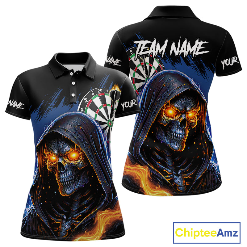 Personalized Blue Grim Reaper Fire Dart Shirts For Women Custom Skull Dart Jersey Polo & 1/4 Zip TDM4892