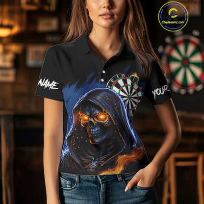 Personalized Blue Grim Reaper Fire Dart Shirts For Women Custom Skull Dart Jersey Polo & 1/4 Zip TDM4892