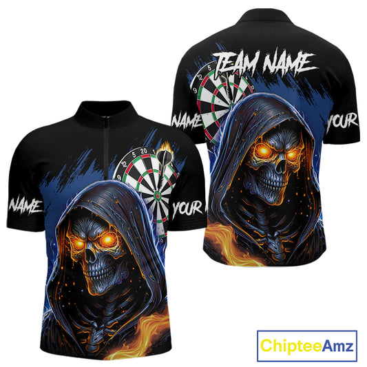 Personalized Blue Grim Reaper Fire Dart Shirts For Men Custom Skull Dart Jersey Polo & 1/4 Zip TDM4892
